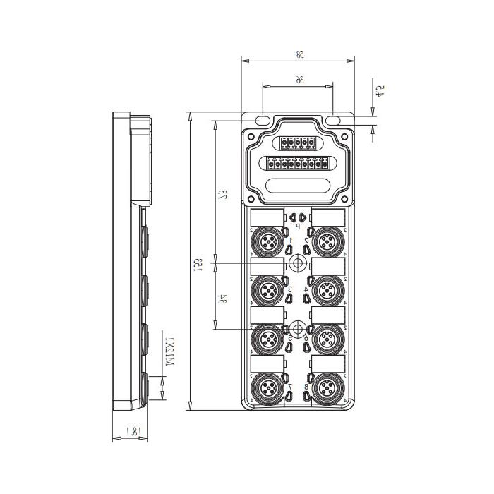 M12分线盒、单通道、PNP、8端口分体式、带LED、PCB端子、24P80E