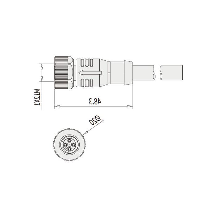 M12 4Pin T-coded、母头直型、单端预铸PUR柔性电缆、黑色护套、64TP05-XXX